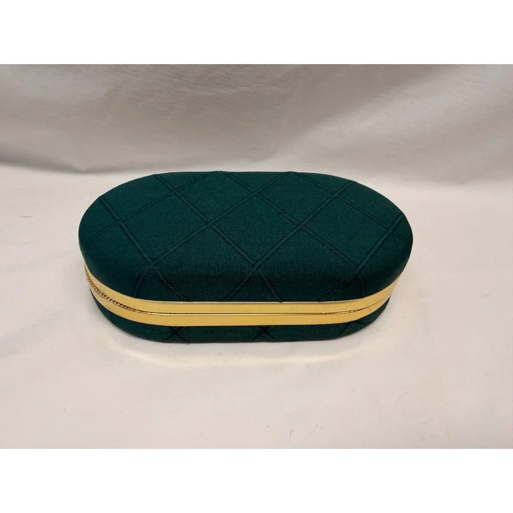 Vintage Green Quilted Jewelry Travel Case Gold Trim Mirror Ring Box Organizer